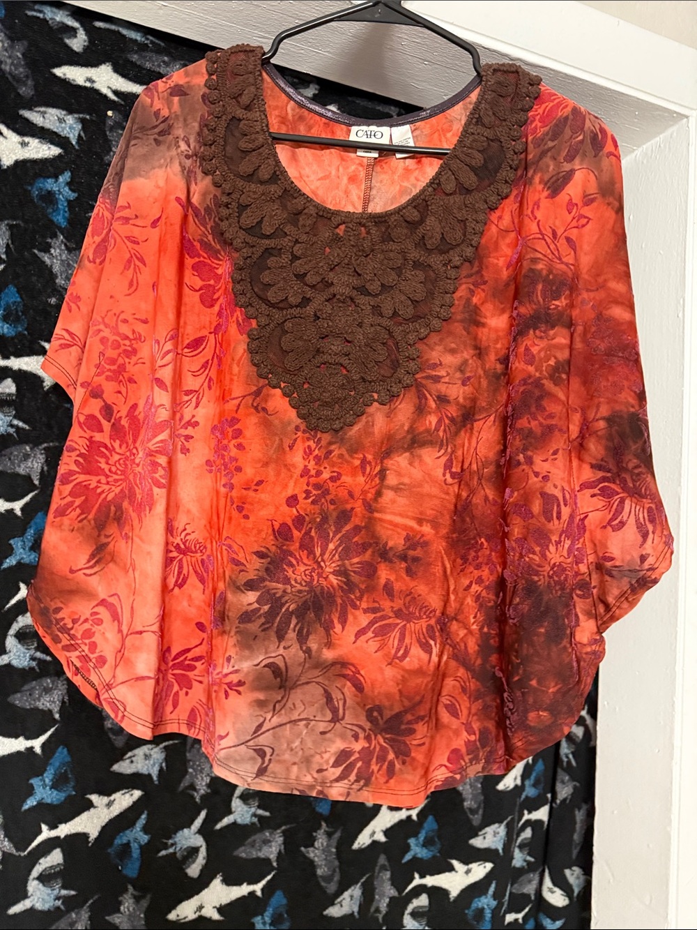 Cato Orange Floral Blouse with Brown Crochet Neckline